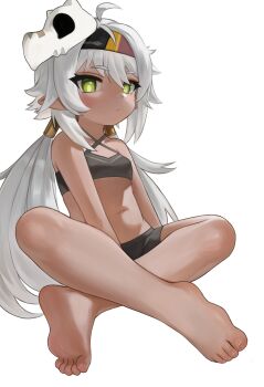 1girl bare_arms bare_shoulders barefoot bike_shorts black_hairband black_shorts breasts closed_mouth commentary_request criss-cross_halter crossed_legs dokomon feet foot_focus full_body genshin_impact green_eyes grey_hair hair_between_eyes hairband halterneck highres iansan_(genshin_impact) korean_commentary loli long_hair looking_at_viewer low_twintails navel pointy_ears short_shorts shorts simple_background sitting skull_on_head small_breasts soles solo thick_eyebrows toenails toes twintails very_long_hair white_background