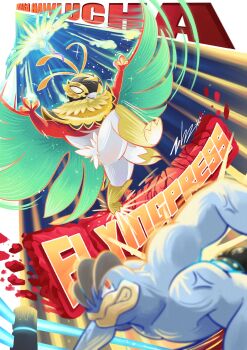 2others absurdres bird blank_eyes blawn_z claws clenched_teeth closed_mouth extra_arms flying_press_(pokemon) furry gen_1_pokemon gen_6_pokemon hawlucha highres luchador luchador_mask machamp mask mega_hawlucha mega_pokemon multiple_others muscular nintendo open_mouth plume pokemon pokemon_(creature) pokemon_focus smile teeth wings wrestling wrestling_ring