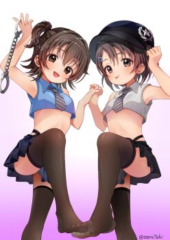 2girls :p akagi_miria black_hair black_hat black_panties black_skirt black_thighhighs blue_shirt blue_skirt blush breasts cropped_shirt cuffs diagonal-striped_clothes diagonal-striped_necktie gradient_background grey_necktie hand_grab handcuffs hat holding holding_handcuffs idolmaster idolmaster_cinderella_girls interlocked_fingers leg_up loli looking_at_viewer miniskirt multiple_girls necktie newsboy_cap no_shoes panties pleated_skirt sasaki_chie shirt simple_background skirt small_breasts smile striped_clothes striped_necktie thighhighs tongue tongue_out two_side_up underwear white_shirt zero7shi