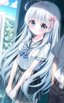 1boy 1girl ahoge bag black_pants black_sailor_collar black_skirt blue_bow blue_bowtie blue_eyes blue_sky blunt_bangs blurry blush bow bowtie cloud collarbone commentary_request cowboy_shot day depth_of_field dutch_angle eyes_visible_through_hair floating_hair hair_between_eyes hair_bow hair_over_breasts highres holding holding_bag huge_ahoge long_hair looking_at_viewer mashiro_fuuna miniskirt ocean original outdoors pants parted_lips pink_bow pleated_skirt sailor_collar sailor_shirt school_uniform serafuku shirt short_sleeves sidelocks skirt sky solo_focus standing straight_hair sweatdrop tyutaka0427 v_arms very_long_hair white_hair white_shirt