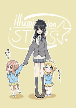 3girls absurdres aged_down black_hair blonde_hair blue_eyes blue_shirt brown_hair brown_shoes child commentary_request finger_to_mouth grey_jacket grey_skirt grey_socks hachimiya_meguru hand_on_another's_head hat highres idolmaster idolmaster_shiny_colors illumination_stars_(idolmaster) jacket kazano_hiori kindergarten_uniform long_hair long_sleeves mole mole_under_mouth multiple_girls necktie outline purple_eyes sakuragi_mano school_hat shirt shoes simple_background skirt sleeve_pull socks standing sweater_vest tearing_up tears translation_request trike_03 white_outline yellow_background yellow_skirt