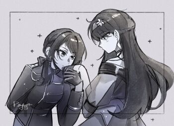 Rule 34 | 2girls, bang dream!, bang dream! it's mygo!!!!!, bow, braid, commentary, dress, flower, gloves, greyscale, hair bow, hair flower, hair ornament, hairband, half up braid, highres, holding hands, jacket, kiss, kissing hand, mole, mole under eye, monochrome, multiple girls, parted lips, shiina taki, signature, smile, symbol-only commentary, yahata umiri, yoyoray20001996, yuri