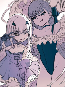 Rule 34 | 2girls, bare shoulders, blue dress, blue eyes, blue gloves, blue ribbon, blush, breasts, choker, collarbone, dress, fate/grand order, fate (series), forked eyebrows, frills, gloves, hair ribbon, highleg, highleg one-piece swimsuit, long hair, long sleeves, looking at viewer, meltryllis, meltryllis (fate), meltryllis (swimsuit lancer) (fate), meltryllis (swimsuit lancer) (second ascension) (fate), melusine (fate), melusine (second ascension) (fate), multiple girls, off-shoulder one-piece swimsuit, off shoulder, one-piece swimsuit, one eye closed, puffy sleeves, purple hair, ribbon, sidelocks, sleeves past fingers, sleeves past wrists, small breasts, smile, swimsuit, thighhighs, thighs, tongue, tongue out, ttmt, very long hair, white hair, white ribbon, white thighhighs, yellow eyes