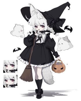 Rule 34 | 1girl, animal ear fluff, animal ears, black dress, black hat, black shoes, black socks, braid, broom, collared dress, dress, fang, fox ears, fox girl, fox tail, frilled dress, frills, full body, ghost, halloween costume, hat, highres, holding, holding broom, jack-o'-lantern, kuro yagi (usosakana), long hair, long sleeves, looking at viewer, open mouth, original, puffy sleeves, red eyes, shadow, shoes, simple background, smile, socks, standing, tail, twin braids, white background, white hair, witch, witch hat