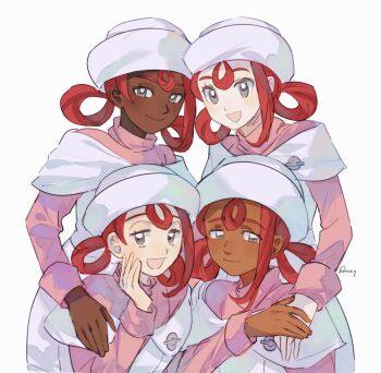 4girls aubz blush closed_mouth dark-skinned_female dark_skin dress grey_eyes hair_rings hat highres joy_(pokemon) joy_(pokemon_legends:_z-a) long_sleeves looking_at_viewer multiple_girls nintendo nurse_cap open_mouth pink_hair pink_shirt pokemon pokemon_legends:_z-a shirt simple_background smile very_dark_skin white_background white_dress