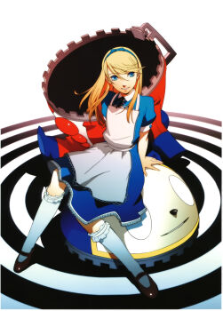 1boy absurdres alice's_adventures_in_wonderland alice_(alice_in_wonderland) alice_(alice_in_wonderland)_(cosplay) blonde_hair blue_eyes cosplay crossdressing crossdressing_(mtf) highres kneehighs kuma_(persona_4) long_hair male_focus mary_janes official_alternate_costume official_art paint.net_(medium) persona persona_4 shoes sitting skirt smile socks soejima_shigenori solo third-party_source trap