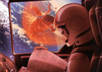 amuro_ray artist_request atmospheric_reentry battle book burning cloud cloudy_sky cockpit debris destruction earth_(planet) earth_federation glowing_hot gundam gundam_perfect_file helmet highres instruction_manual magazine_scan mecha mecha_pilot_suit military_rank_insignia mobile_suit mobile_suit_gundam official_art pilot planet promotional_art reading robot rx-78-2_gundam scan scene_reference science_fiction shield sky space space_helmet spacesuit traditional_media wreckage zaku_ii zero_gravity