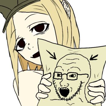 Rule 34 | 1girl, bags under eyes, blonde hair, brown eyes, fang, holding, holding paper, limestone (artist), marichka, no jacket, non-web source, open mouth, original, paper, russo-ukrainian war, short hair, skin fang, smug, solo, soyjak, sticker