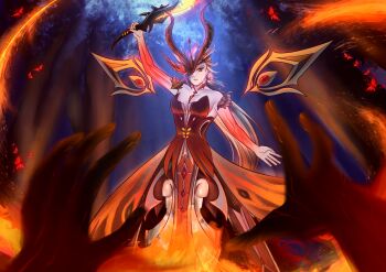 1girl absurdres bare_shoulders blonde_hair breasts butterfly_mask crimson_lotus_moth_(genshin_impact) dress fire genshin_impact half_mask highres holding holding_weapon holding_whip insect_wings jakicomics long_hair mask mask_over_one_eye medium_breasts moth_wings red_dress red_eyes signora_(crimson_witch_of_embers)_(genshin_impact) signora_(genshin_impact) solo strapless strapless_dress weapon whip wings