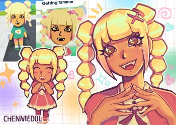 1girl :d absurdres blonde_hair blush_stickers brown_eyes chendol chibi closed_eyes commentary crystal_(tomodachi_life:_living_the_dream) dark-skinned_female dark_skin dress english_commentary fangs full_body grid_background hair_ornament hands_up head_tilt heart highres looking_at_viewer mii_(nintendo) multi-tied_hair multiple_views nintendo open_mouth pantyhose pink_dress pink_nails pink_pantyhose portrait puffy_short_sleeves puffy_sleeves shoes short_sleeves sidelocks signature smile sparkle tomodachi_life tomodachi_life:_living_the_dream twintails white_shoes x_hair_ornament