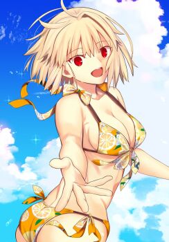 1girl :d ahoge arcueid_brunestud ass bikini blonde_hair breasts cloud cloudy_sky commentary_request day english_text floating_clothes floating_hair highres iro_(sekaixiro) large_breasts looking_at_viewer looking_back open_mouth reaching reaching_towards_viewer red_eyes short_hair sky smile solo swimsuit textless_version tsukihime tsukihime_(remake)