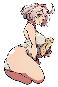 1girl ass black_gloves blue_eyes blush breasts commentary_request cropped_legs dress elphelt_valentine fingerless_gloves from_side gloves grey_dress grey_hair guilty_gear guilty_gear_strive highres holding itsuka_neru large_breasts one_eye_closed parted_lips short_hair simple_background sleeveless sleeveless_dress solo spikes white_background