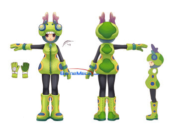 Rule 34 | 3girls, arm at side, artist request, black leggings, bodysuit, boots, brown eyes, closed mouth, commentary request, costume, dot nose, expressionless, from behind, from side, gloves, green bodysuit, green boots, green gloves, green hood, highres, hood, hood up, knee boots, korean commentary, leggings, looking at viewer, multiple girls, multiple views, official art, production art, reference sheet, ribbed leggings, rubber boots, simple background, third-party source, watermark, white background, yogurting, zipper, zipper pull tab