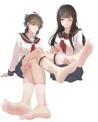 Rule 34 | 2girls, bad id, bad pixiv id, black hair, blue bow, bow, breasts, brown eyes, brown hair, closed mouth, cropped legs, crossed legs, feet, foot focus, foreshortening, ghhoward, hair bow, legs, long hair, long sleeves, looking at another, multiple girls, neckerchief, no shoes, one eye closed, original, pleated skirt, ponytail, red neckerchief, sailor collar, school uniform, see-through socks, serafuku, simple background, sitting, skirt, smile, socks, soles, toes, white background, white socks