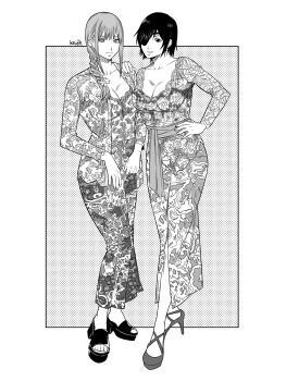 2girls artist_name black_hair braid braided_ponytail breasts chainsaw_man cleavage commentary crosshatching english_commentary eyepatch floral_print greyscale hatching_(texture) high_heels highres himeno_(chainsaw_man) kebaya kei_dragonsheaven large_breasts makima_(chainsaw_man) monochrome multiple_girls ringed_eyes short_hair