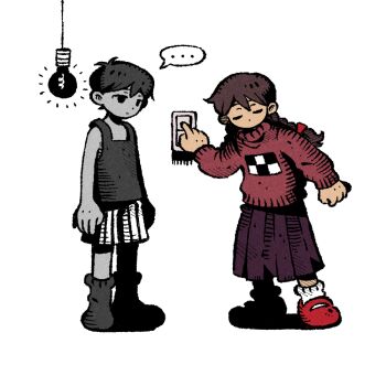 ... 1boy 1girl 9twoeight animated animated_gif black_eyes black_hair black_socks braid brown_hair closed_eyes colored_skin epilepsy_warning expressionless light_bulb light_switch long_hair long_skirt long_sleeves looking_at_another madotsuki omori omori_(omori) pleated_skirt red_footwear red_skirt red_sweater skirt socks speech_bubble spoken_ellipsis standing sweater tank_top twin_braids white_skin white_socks yume_nikki