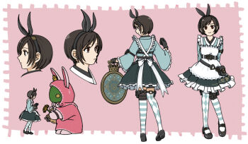 1girl animal_ears animal_hood apron asymmetrical_legwear black_gloves black_hair black_hairband black_shoes brown_eyes brown_hair commentary_request cropped_head final_fantasy final_fantasy_vii final_fantasy_vii_ever_crisis flower frilled_apron frilled_skirt frilled_sleeves frills from_behind full_body gloves grey_skirt hairband holding holding_flower hood hoodie multiple_views official_alternate_costume pink_hoodie rabbit_ears rabbit_hood s_m_man shoes short_hair skirt standing thighhighs tonberry white_apron wide_sleeves yuffie_kisaragi yuffie_kisaragi_(bunny_apron)