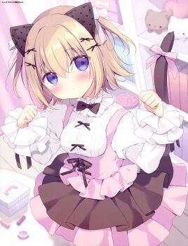 1girl absurdres animal_ears artist_name black_bow black_bowtie blonde_hair blush book bookshelf bow bowtie breasts cat_ears cat_tail curtains dengeki_moeoh dress dress_shirt from_above hair_ornament hair_ribbon hairpin head_tilt highres indoors juliet_sleeves long_sleeves looking_at_viewer magazine_scan miyasaka_miyu multiple_hairpins original parted_lips paw_pose pink_bow pink_dress puffy_sleeves purple_eyes ribbon scan shirt shirt_under_dress short_hair sleeveless sleeveless_dress small_breasts solo stuffed_animal stuffed_cat stuffed_toy tail tail_bow tail_ornament third-party_source two_side_up white_ribbon white_shirt