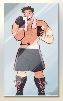 1boy bara beard black_hair blush boxing_gloves commission danny_(felixnosi) eyebrow_cut facial_hair full_beard goatee grin hairy highres holding holding_phone hunie_(huniedham) large_pectorals male_focus mature_male medium_sideburns muscular muscular_male original pectorals phone second-party_source selfie short_hair smile solo sparse_arm_hair sparse_chest_hair sparse_leg_hair sweat thick_eyebrows thick_navel_hair wiping_sweat wolf_hood wrestler