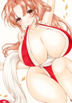 1girl bare_shoulders blush breasts brown_hair cleavage fatal_fury highres huge_breasts long_hair looking_at_viewer mitsugetsu_suzu ninja pelvic_curtain shiranui_mai sleeveless the_king_of_fighters white_background wide_hips