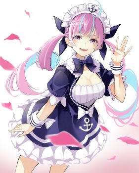 1girl absurdres ahoge blue_dress blue_hair breasts cleavage dress drill_hair frilled_dress frills highres hololive large_breasts looking_at_viewer maid_headdress minato_aqua minato_aqua_(1st_costume) multicolored_hair neji_mawashi3 pink_hair solo streaked_hair twin_drills two-tone_hair virtual_youtuber white_headdress white_wrist_cuffs wrist_cuffs