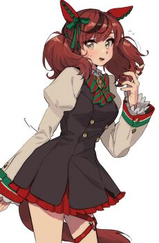 1girl animal_ears black_dress bow bowtie breasts brown_hair commentary_request cowboy_shot diagonal-striped_bow dress ear_covers ear_ribbon empty_(neyo) flying_sweatdrops green_bow green_bowtie grey_shirt hand_up horse_ears horse_girl horse_tail juliet_sleeves long_hair long_sleeves looking_at_viewer medium_breasts multicolored_hair nice_nature_(poinsettia_ribbon)_(umamusume) nice_nature_(umamusume) open_mouth pinafore_dress puffy_sleeves shirt simple_background sleeveless sleeveless_dress solo standing streaked_hair striped_bow tail twintails umamusume white_background