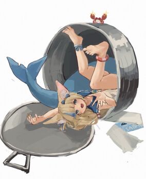 1girl :d animal_ear_fluff animal_ears barefoot blonde_hair blue_eyes blue_hair capucino_art cat_ears cat_girl commentary crab dress fins fish_tail hair_ornament indie_virtual_youtuber kaniki_(sameko_saba) long_hair multicolored_hair open_mouth sameko_saba simple_background smile tail virtual_youtuber