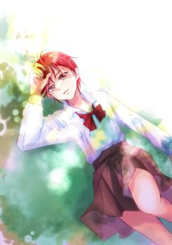 1girl black_skirt bow bowtie commentary dappled_sunlight day dress_shirt from_above highres ichigo_field_high_school_uniform kenjou_akira kirakira_precure_a_la_mode knee_up long_sleeves looking_at_viewer lying manekineko5319 medium_skirt on_back on_ground open_mouth outdoors pleated_skirt precure red_bow red_bowtie red_eyes red_hair school_uniform shirt short_hair skirt solo sunlight very_short_hair white_shirt wing_collar