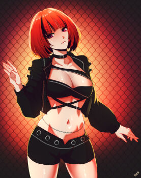 Rule 34 | 1girl, bandeau, black bandeau, black choker, black jacket, black shorts, breasts, choker, collarbone, cropped jacket, eden exile, highres, hololive, hololive english, jacket, large breasts, multicolored hair, official alternate costume, official alternate hair length, official alternate hairstyle, open fly, orange hair, purple eyes, short hair, short shorts, shorts, solo, streaked hair, takanashi kiara, virtual youtuber