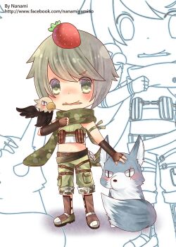 1boy belt belt_pouch bird blush boots brown_belt brown_boots brown_gloves camouflage camouflage_scarf camouflage_shorts chibi chibi_only commentary_request crop_top eagle fingerless_gloves food fruit full_body gloves green_scarf green_shirt green_shorts grey_eyes grey_hair highres looking_at_viewer male_focus midriff mouth_hold nanami_(s881201guy) navel open_mouth pencil pouch ragnarok_online ranger_(ragnarok_online) scarf shirt short_hair shorts sleeveless sleeveless_shirt solo strawberry wolf
