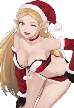 1girl ;d alternate_costume ass black_gloves blonde_hair blue_eyes pom_pom_beanie braid breasts butt_crack choker cleavage collarbone crown_braid detached_sleeves downpants earrings female_focus forehead fur-trimmed_headwear fur-trimmed_shorts fur-trimmed_sleeves fur_trim gloves hair_bobbles hair_ornament hand_on_own_hip hand_on_own_thigh hat highres j@ck jewelry large_breasts leaning_forward long_hair long_sleeves looking_at_viewer nintendo one_eye_closed open_mouth parted_bangs pointy_ears pom_pom_(clothes) princess_zelda red_choker red_hat red_shorts santa_hat shorts sidelocks simple_background smile solo strapless the_legend_of_zelda the_legend_of_zelda:_breath_of_the_wild thighs white_background wink