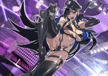 Rule 34 | black boots, black gloves, black hair, blush, boots, breasts, commentary request, cuffs, detached collar, earrings, elbow gloves, gloves, handcuffs, hat, high heels, highleg, highleg panties, highres, holding, holding handcuffs, jewelry, long hair, looking at viewer, navel, necktie, original, panties, police hat, taisowbukurow, underwear