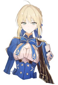 1girl ahoge artoria_pendragon_(fate) blonde_hair blue_dress closed_mouth commentary cropped_torso dress fate/stay_night fate_(series) green_eyes honkai:_star_rail honkai_(series) looking_at_viewer lpip official_alternate_costume saber_(fate) saber_(honkai:_star_rail)_(fate) short_hair simple_background solo white_background