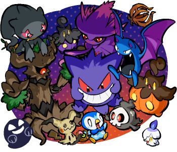 alternate_color banette basket black_sclera bramblin closed_mouth colored_sclera commentary_request duskull fangs fire flying gen_1_pokemon gen_3_pokemon gen_4_pokemon gen_5_pokemon gen_6_pokemon gen_7_pokemon ghost golbat halloween holding holding_basket kawaanago litwick mimikyu mismagius nintendo o_o one-eyed open_mouth piplup pokemon pokemon_(creature) pokemon_focus pokemon_tower_ghost pumpkaboo purple_fire red_eyes scared shiny_and_normal shiny_pokemon tearing_up trevenant yellow_eyes yellow_sclera