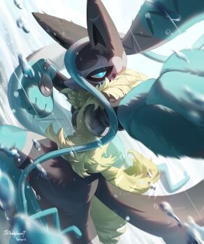 1other absurdres animal_ears black_fur blue_eyes blue_fur body_fur closed_mouth commentary_request furry gen_4_pokemon highres hoishere7 looking_at_viewer lucario mega_lucario_z mega_pokemon multicolored_fur nintendo pokemon pokemon_(creature) pokemon_focus solo standing standing_on_one_leg tail water yellow_fur