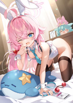 1girl absurdres ahoge alternate_costume animal_ears ass black_thighhighs blue_archive blue_eyes blue_necktie breasts character_doll chest_harness commentary_request detached_collar doll fake_animal_ears fang hair_bobbles hair_intakes hair_ornament halo harness highres hoshino_(blue_archive) huge_ahoge huge_filesize inflatable_toy inflatable_whale lanyard leotard loli long_hair necktie on_bed one_eye_closed open_mouth pink_hair pink_halo playboy_bunny rabbit_ears sanjidohu small_breasts smile solo tearing_up thighhighs thighs unworn_lanyard white_leotard white_wrist_cuffs wrist_cuffs yawning yume_(blue_archive)