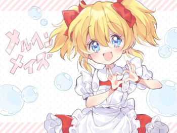 1girl alice_(marchen_maze) apron back_bow blonde_hair blue_eyes bow bracelet bubble child copyright_name dress four-finger_heart_hands frilled_apron frilled_dress frills hair_bow hands_up heart heart_hands jewelry marchen_maze puffy_short_sleeves puffy_sleeves red_bow red_dress short_hair short_sleeves solo standing twintails upper_body white_apron white_bow yukiwo