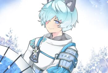 1boy animal_ears armor blue_eyes commentary_request fubuki_(rune_factory) hair_over_one_eye japanese_armor japanese_clothes looking_at_viewer male_focus mitsuru_(pipi2001) rune_factory rune_factory:_guardians_of_azuma short_hair smile solo wolf_boy wolf_ears