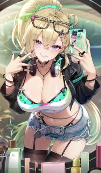 1girl absurdres alternate_costume alternate_hairstyle bagya black_garter_straps black_jacket black_nails black_thighhighs blonde_hair bra bra_peek breasts cellphone cleavage collarbone commentary crop_top denim denim_shorts eyewear_on_head garter_straps gradient_hair green_bra green_hair green_ribbon hair_between_eyes hair_ribbon hands_up headphones headphones_around_neck highres holding holding_phone indoors jacket large_breasts light_blush long_hair looking_at_viewer lynae_(wuthering_waves) midriff multicolored_hair nail_polish navel parted_lips phone ponytail purple_eyes reflection reflection_focus ribbon shirt shorts smartphone smile solo stomach symbol-only_commentary thighhighs thighs underwear very_long_fingernails very_long_hair white_shirt wuthering_waves