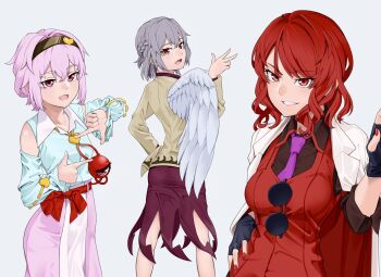 3girls adapted_costume alternate_costume ass black_gloves black_shirt blue_shirt bow bowtie breasts brooch brown_hairband collared_shirt commentary detached_sleeves dress eyeball feathered_wings finger_frame fingerless_gloves from_behind glasses gloves grey_background grey_hair grey_wings grin hair_ornament hairband heart heart_hair_ornament highres horikawa_raiko jacket jacket_on_shoulders jewelry kashiwagi_(pixiv35005989) kishin_sagume komeiji_satori large_breasts looking_at_viewer looking_back multiple_girls necktie open_clothes open_jacket open_mouth pink_eyes pink_hair pink_skirt purple_dress purple_necktie red_eyes red_hair red_nails red_vest shirt simple_background single_wing skirt sleeveless sleeveless_shirt smile suit_jacket sunglasses third_eye touhou vest waist_bow white_jacket wings