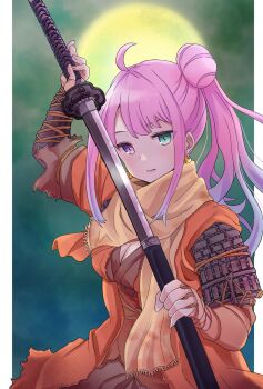 1girl armor breasts cleavage crescent crescent_earrings earrings gradient_hair green_eyes heterochromia highres himemori_luna holding holding_sword holding_weapon hololive japanese_armor jewelry jinbaori katana medium_breasts moon multicolored_hair pink_hair purple_eyes samurai scarf sheath shoulder_armor side_ponytail siitake_hat sode solo sword unsheathing virtual_youtuber weapon