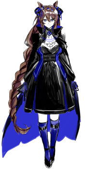 1girl absurdres animal_ears ascot black_cape black_dress black_horns black_shoes black_skirt blue_bow blue_cape blue_hair blue_socks bow braid braided_bangs breasts brown_hair cape cleavage closed_mouth commentary_request dress ear_bow hair_between_eyes highres horns horse_ears horse_girl kneehighs long_hair long_sleeves looking_at_viewer medium_breasts multicolored_hair purple_eyes shoes simple_background skirt smile socks solo split_mouth strap streaked_hair super_creek_(umamusume) tuwu_(user_yvte3782) two-sided_cape two-sided_fabric umamusume very_long_hair white_ascot white_background white_hair