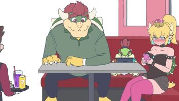 1girl 3boys animated armlet bare_shoulders black_leotard blonde_hair blue_eyes blush bowser bowser_jr. bowsette bracelet breasts brown_hair cellphone cleavage collar collarbone dangoheart_animation earrings embarrassed facial_hair green_sweater horns indoors jewelry large_breasts leotard long_hair mario_(series) multiple_boys mustache nintendo nintendo_switch phone pink_thighhighs pointy_ears ponytail restaurant smartphone sound spiked_armlet spiked_bracelet spiked_collar spikes super_crown sweater thighhighs time_paradox video