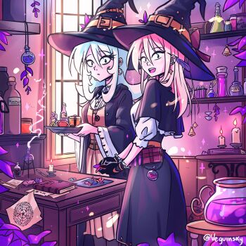 2girls belt black_bow black_dress black_eyeshadow black_gloves black_robe blue_hair book bottle bow candle cauldron chain commentary cork crescent crescent_earrings dress earrings english_commentary eyeshadow feather_hair_ornament feathers flask gem gloves grin hair_ornament hat hat_belt holding holding_gem holding_tray indoors jar jewelry long_hair looking_at_viewer makeup multiple_girls orange_belt original parchment pentagram_pendant pink_dress pink_hair potion puffy_sleeves robe shirt sidelocks smile standing star_(symbol) star_earrings tray twitter_username vewuinsky white_shirt window witch_hat