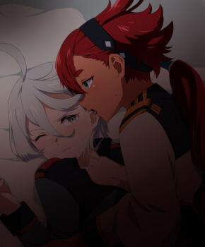 2girls asticassia_school_uniform black_hairband blue_eyes blush breasts cleavage closed_mouth commentary commentary_request ear_licking green_jacket grey_eyes gundam gundam_suisei_no_majo hairband highres jacket kimaguro_box licking long_hair miorine_rembran multiple_girls one_eye_closed open_clothes open_jacket ponytail red_hair school_uniform suletta_mercury thick_eyebrows white_hair white_jacket yuri