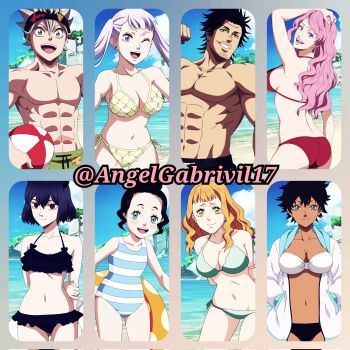 2boys 6+girls ass asta_(black_clover) ball beach beachball bikini black_clover black_hair blue_eyes breasts charmy_pappitson cleavage collarbone earrings green_eyes grey_hair highres innertube jewelry large_breasts long_hair mimosa_vermillion multiple_boys multiple_girls navel noelle_silva one_eye_closed open_mouth orange_hair purple_eyes red_eyes secre_swallowtail sideboob smile sol_marron swim_ring swimsuit twintails vanessa_enoteca yami_sukehiro