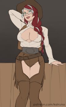 1girl breasts cleavage clothing_cutout cowboy_hat glasses hat kalruna multicolored_hair original ponytail solo thigh_cutout thighs two-tone_hair