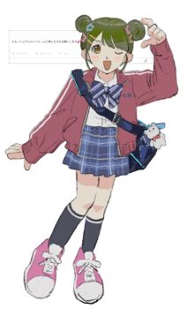 Rule 34 | 1girl, ;d, absurdres, bad id, bad twitter id, bag, black socks, blue bow, blue bowtie, blue skirt, bow, bowtie, collared shirt, double bun, green eyes, green hair, hair bun, hair ornament, hairclip, hand up, highres, idolmaster, idolmaster shiny colors, jacket, jiro 26, long sleeves, looking at viewer, miniskirt, nanakusa nichika, odaibako, one eye closed, open clothes, open jacket, open mouth, parallel hairclips, pink shoes, plaid clothes, plaid skirt, pleated skirt, red jacket, request inset, shirt, shoes, short hair, skirt, smile, sneakers, socks, solo, star (symbol), star hair ornament, stuffed animal, stuffed toy, track jacket, translation request, white background, white shirt