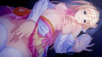 10s 1boy 1girl blonde_hair blue_eyes blush breasts censored fingering game_cg grabbing_another's_breast groping hetero highres kagurazaka_namine koutaro long_hair mosaic_censoring navel nipples open_mouth protagonist_(tropical_vacation) tropical_kiss tropical_vacation twinkle_(company)