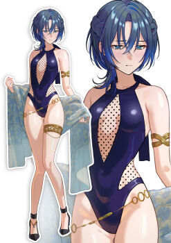 1girl absurdres armlet azusamaru blue_eyes blue_hair blue_one-piece_swimsuit blush covered_navel gold_armlet hashtag-only_commentary highres hiodoshi_ao holding holding_towel hololive hololive_dev_is jewelry one-piece_swimsuit swimsuit thigh_strap towel virtual_youtuber